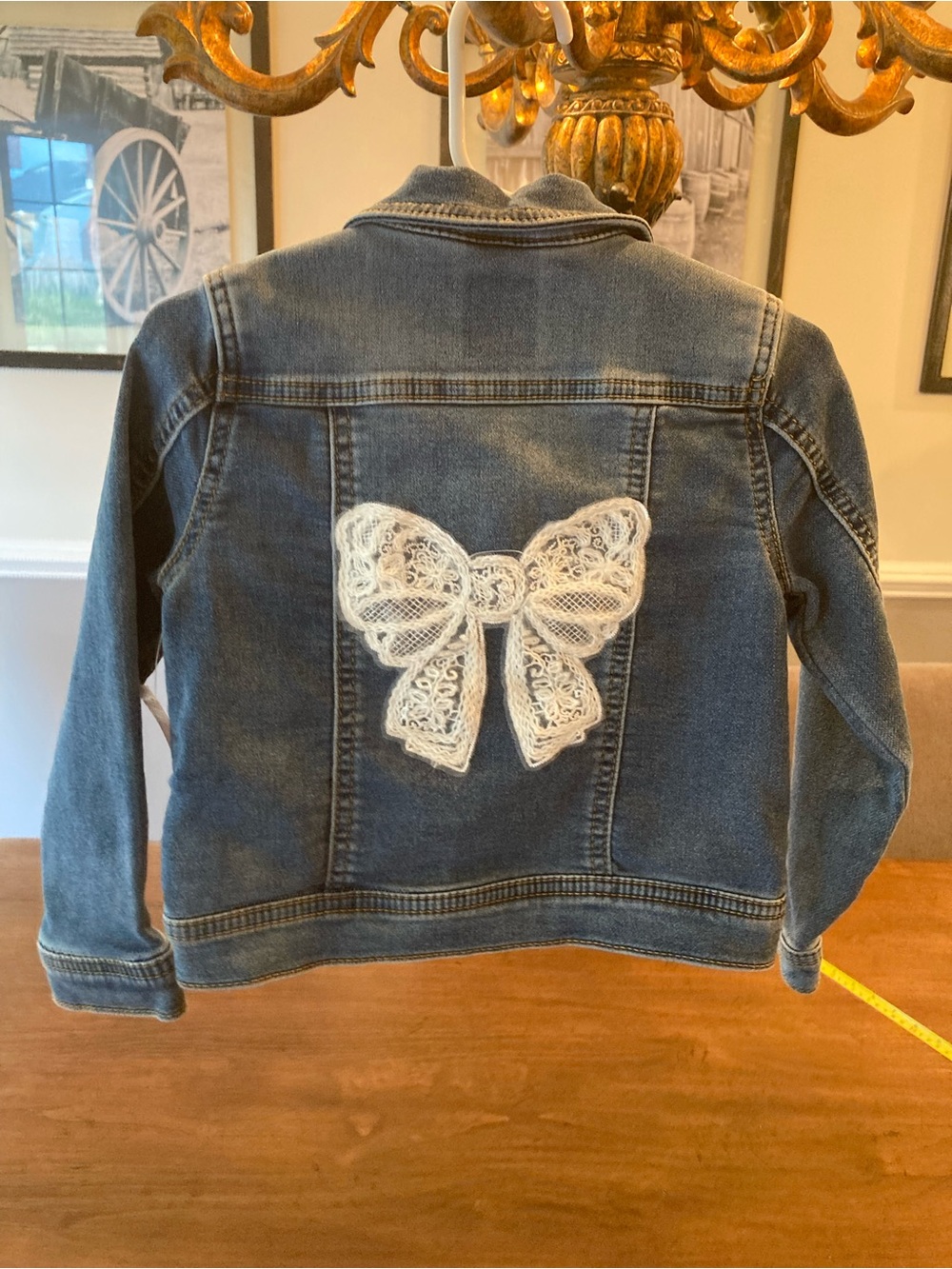 Cat & Jack Blue Denim Jacket upcycled with Lace Bow Applique 3T